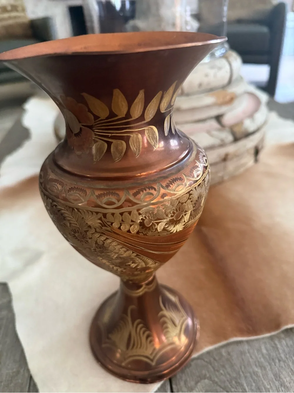 Ornate Copper-Tone Decorative Vase - Floral Etched Accent